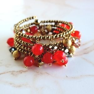Memory wire bracelet gold tone red gold smoky topaz beads and crystals